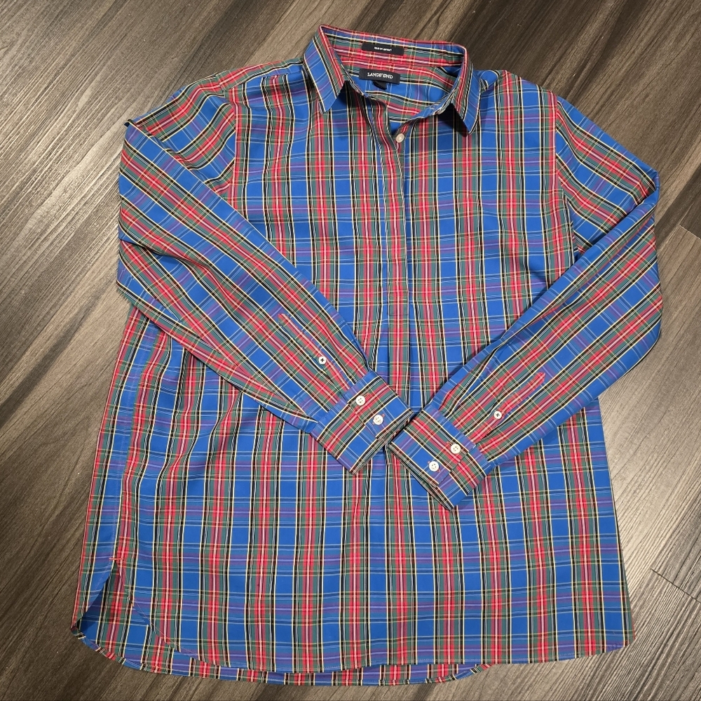 LAND'S END No Iron Half Button Up Shirt, Blue Tartan Plaid, Size 14
